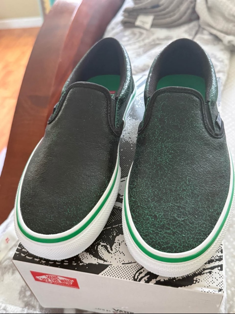 Vans Men's Black Slip-On with Green Accents